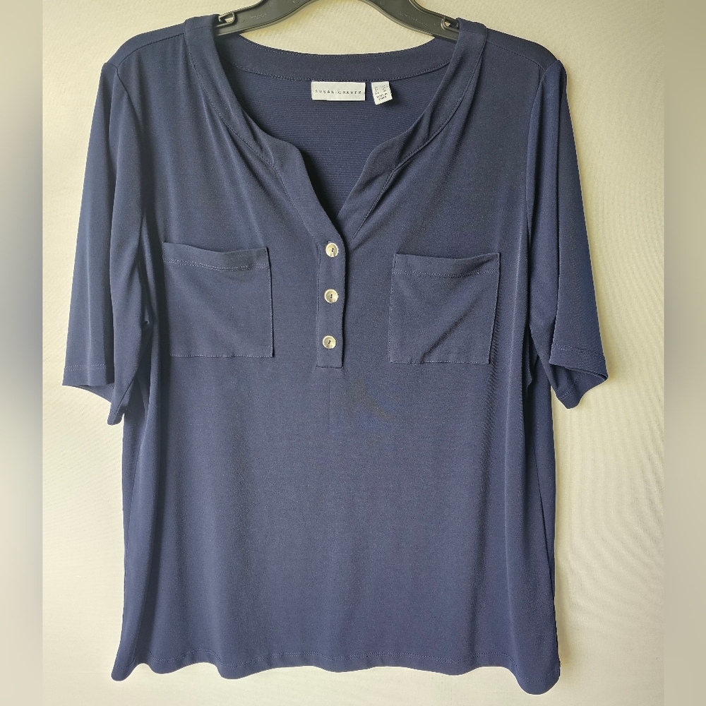 Susan Wraver Navy Short Sleeve Henley Top - Picture 3 of 16